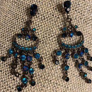 Earrings, Chandelier, Blue Crystals - Costume Jewelry
